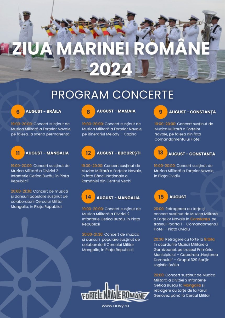 ziua marinei romane 2024 programul concertelor sustinute de muzica militara a fortelor navale 66b3196f4544a